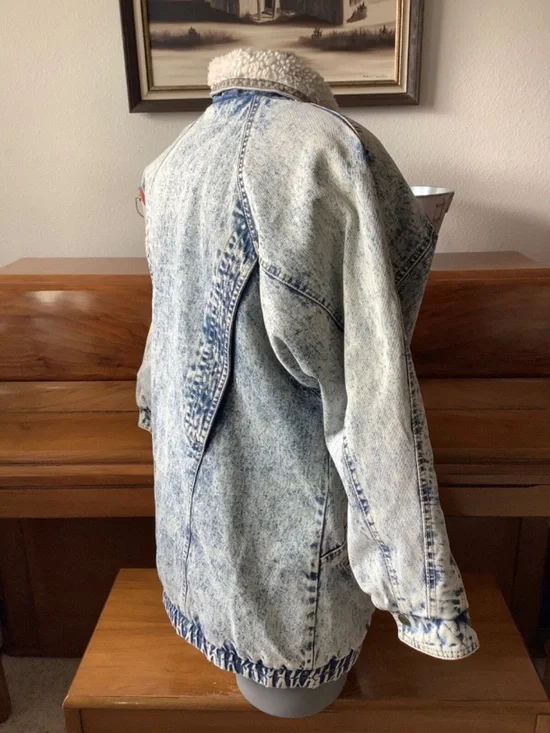 Vintage Andy Johns Woman’s ACID WASH Denim JACKET Size Medium Sherpa CHORE COAT - Picture 5 of 13